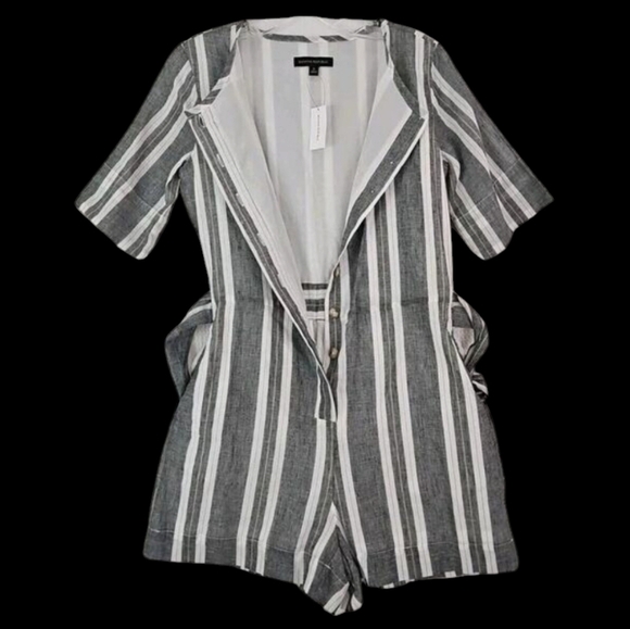 Banana Republic ~Size 0~ Gray/White Striped Romper Waist Drawstring Linen Blend - Picture 3 of 10